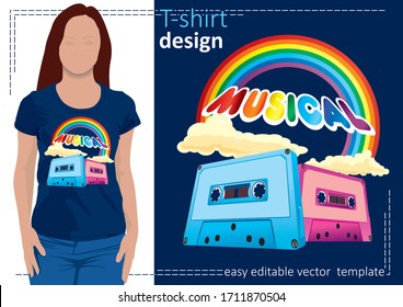 Vintage music audio cassettes and rainbows. Vector illustration on the theme of disco and rock music, disco party. Bright and fashionable image for t-shirts, hoodies, bags and souvenirs.