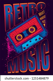 Cinta de música antigua con película magnética al estilo neón. Ilustración vectorial original.