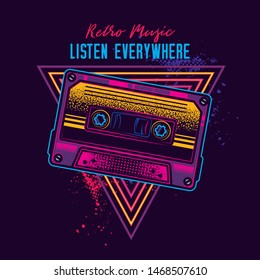 Vintage music cassette with magnetic film in neon style. Original vector illustration.