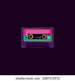 Vintage music cassette with magnetic film in neon style. Original vector illustration.	