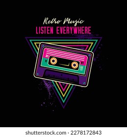 Vintage music cassette with magnetic film in neon style. Original vector illustration. T-shirt design, design element.