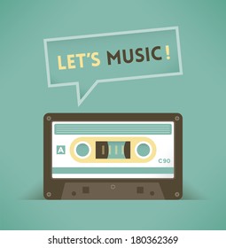 Vintage music compact cassette tape saying Let's music! Concepts: old audio records, 90s industry, radio broadcasting, live streaming, retro music party poster, iTunes, Apple / Youtube audio services.