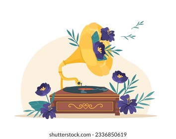 Concepto musical de época. Registro de vinilo en gramófono con flores de lilo. Estética y elegancia, lujo. Retro para archivos musicales, música y canciones. Dibujo vectorial plano de dibujos animados