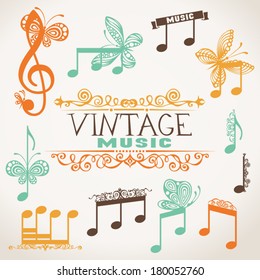 Vintage music design elements. Set of notes isolated on white background. Treble clef and music notes with butterflies and vintage design elements.