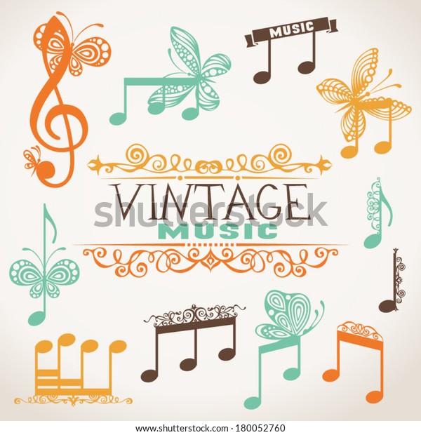 Vintage music design elements. Set of notes\
isolated on white background. Treble clef and music notes with\
butterflies and vintage design\
elements.