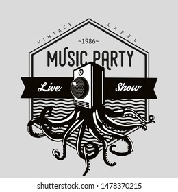 Vintage music emblem. Octopus tentacles and sound system. Night party retro sign. Dance festival template.