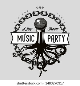 Vintage music emblem. Octopus tentacles and microphone. Night party retro print.