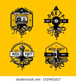 Vintage music emblem set. Octopus tentacles and audio equipment. Night party retro icons. Dance festival template.