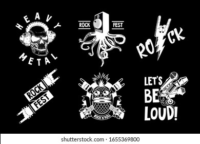 Vintage music emblem. Tattoo style illustration pack for rock and rap music. Heavy metal and hip-hop style. Retro design vector icons.