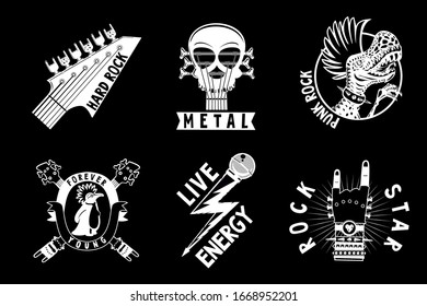 Vintage music emblem. Tattoo style illustration pack for rock and rap music. Heavy metal and hip-hop style. Retro design vector icons.
