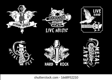 Vintage music emblem. Tattoo style illustration pack for rock and rap music. Heavy metal and hip-hop style. Retro design vector icons.
