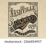 vintage music festival poster design, nashville music city typography, western vintage typography artwork, old american design for t shirt, sticker, poster, vintage floral, 