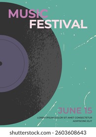 Vintage music festival poster with half of grunge textured vinyl record. Music festival background template. Vector illustration