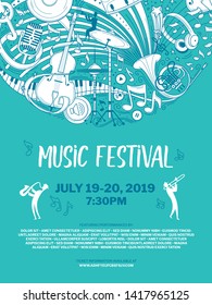 Vintage music festival vector poster template. Woodwind orchestra performance brochure. Sax and trumpet players and musical instruments illustration. Blues band live show, cultural event flyer