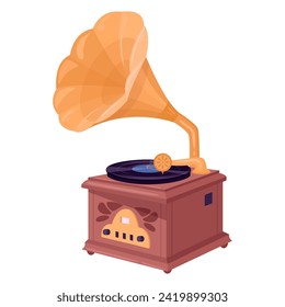 Vintage music gramophone. Antique device for listening music, nostalgic gramophone player flat vector illustration. Retro gramophone on white background