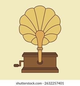 Vintage music gramophone. Antique device for listening music, nostalgic gramophone player flat vector illustration. Gramophone is an old type of record player. Classical Gramophone. 90s.