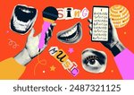 Vintage music halftone collage elements set with audio retro microphone, singing mouth, hand with phone on groovy background. Dotted vector illustration.