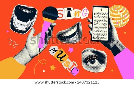 Vintage music halftone collage elements set with audio retro microphone, singing mouth, hand with phone on groovy background. Dotted vector illustration.
