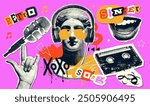 Vintage music halftone collage set with audio cassette vintage microphone, singing mouth, antique statue. Retro paper collage cut-out elements. Vector illustration.