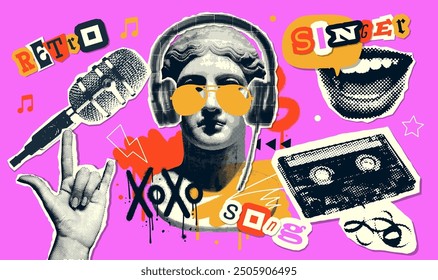 Vintage music halftone collage set with audio cassette vintage microphone, singing mouth, antique statue. Retro paper collage cut-out elements. Vector illustration.