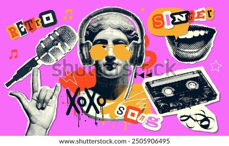 Vintage music halftone collage set with audio cassette vintage microphone, singing mouth, antique statue. Retro paper collage cut-out elements. Vector illustration.