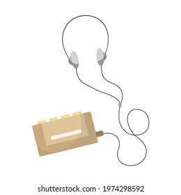 Vintage music object. Old cassette music player with wired headphones. Color symbol design. Vector illustration design template