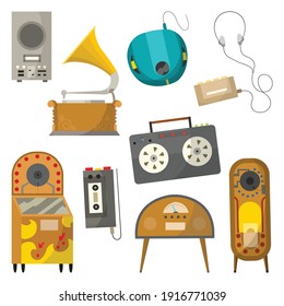 Vintage music objects set. Retro audio jukebox radio and player. Cassette voice recorder and cassette music player with wired headphones. Vector illustration design template