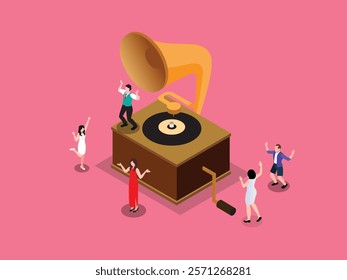 Vintage Music Party Scene with Dancing People and Gramophone 3d isometric vector illustration