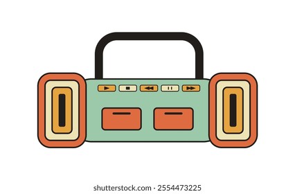 Vintage music player in flat style. Boombox retro musical device, center. Tape radio recorder and Stereo audio system isolated on white background.