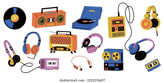 Vintage music player. Retro analog audio devices cassette vinyl turntable record wireless radio headphones, nostalgic cartoon elements. Vector set of music vintage audio illustration