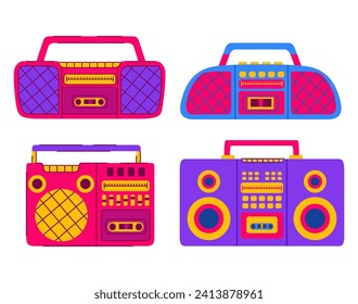 Vintage music players.Boombox musical device.Retro music center.Tape recorder.Stereo audio system.Sound system.Radio recorder. Isolated on white background.Vector flat illustration.