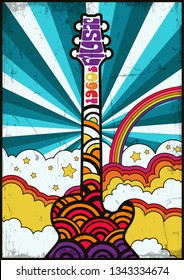 Plantilla de afiche musical de los setenta colores retro, guitarra, nubes y arcoiris