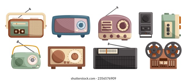 Vintage Music Recorders Capture The Charm Of Yesteryears. These Analog Devices Preserve Sound On Tape and Bobbin Records, Evoking Nostalgia in Listening Experience. Cartoon Vector Illustration