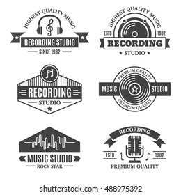 Vintage Music Recording, Production Studio, Sound Label, Podcast And Radio Typography Retro Design Elements, Emblems, Symbols, Icon, Badges Collection. Business Signs, Objects, Logo, Identity Template