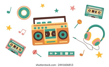 Vintage music set in retro style. Music objects isolated on white. Vector flat hand drawn illustration.