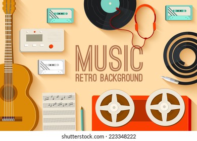 vintage music studio equipment table background on old style concept. Vector illustration design