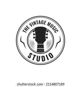 Vintage Music Studio Logo Design Template With Guitar Silhouette Icon Vector Illustration