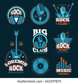 Vintage music studio production vector labels. Musical badges or logos and emblems with guitars and microphones