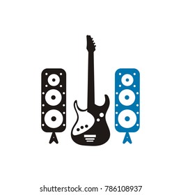 
Vintage music studio production vector labels. Musical badges or logos and emblems with guitars and microphones eps 10 eps 8