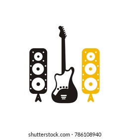 Vintage music studio production vector labels. Musical badges or logos and emblems with guitars and microphones eps 10 eps 8