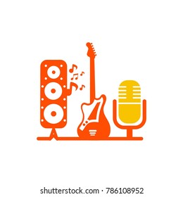 
Vintage music studio production vector labels. Musical badges or logos and emblems with guitars and microphones eps 10 eps 8