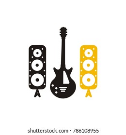 
Vintage music studio production vector labels. Musical badges or logos and emblems with guitars and microphones eps 10 eps 8