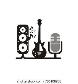 
Vintage music studio production vector labels. Musical badges or logos and emblems with guitars and microphones eps 10 eps 8