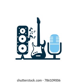 
Vintage music studio production vector labels. Musical badges or logos and emblems with guitars and microphones eps 10 eps 8