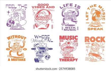 Vintage music t-shirt design set for print. Retro Rubberhose graphic poster. Musician t shirt design, Vintage vector graphic bundle, music quotes design.