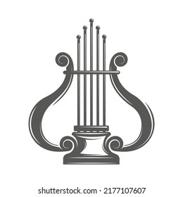 Vintage musical harp isolated on white background. Lyre symbol for logo design. Vector illustration