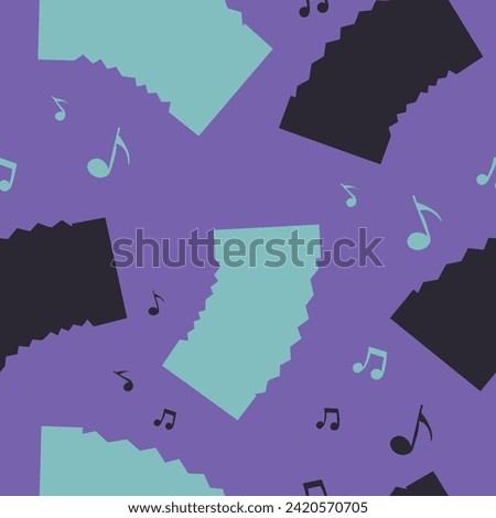 Vintage musical instrument with melody notes. High resolution editable item used in folk and classical, jazz and popular music. Seamless pattern print, background or wallpaper. Vector in flat style