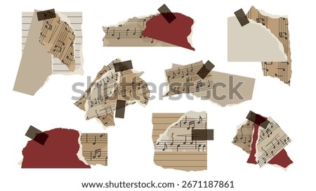 Vintage musical notes and torn paper collage elements. Set of vintage torn sheet music paper scraps with musical notes, taped fragments, retro aesthetic. Trendy collage elements. Vector illustration