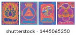 Vintage Musical Posters, Covers Stylization, 1960s, 1970s Psychedelic Backgrounds, Peace Symbol, Eye Triangle, Guitar, Floral Decorations