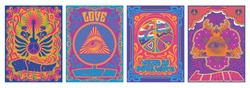Vintage Musical Posters, Covers Stylization, 1960s, 1970s Psychedelic Backgrounds, Peace Symbol, Eye Triangle, Guitar, Floral Decorations